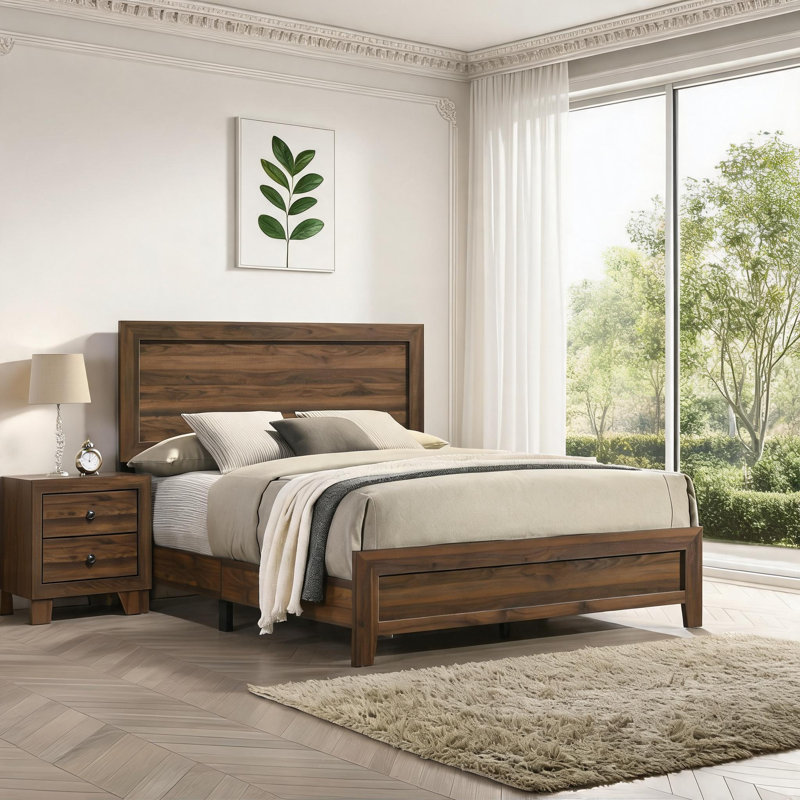 Cadre de lit à panneau grand contemporain pour chambre d'amis ou principale, fabrication en bois massif brun riche, Brun