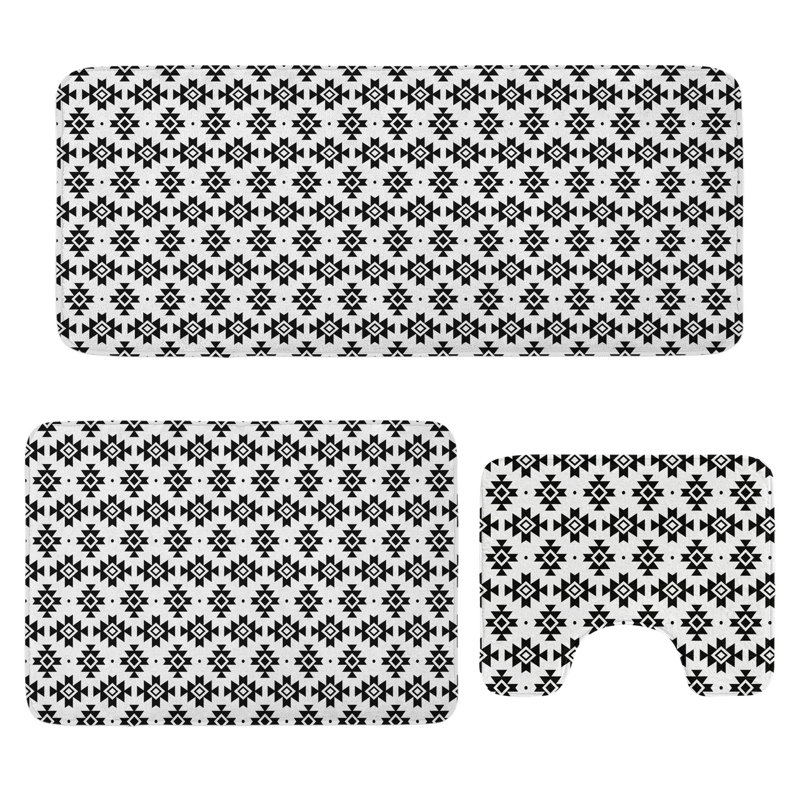 Ensemble de tapis de salle de bain tribal 3 pièces en U et rectangulaires noir et blanc