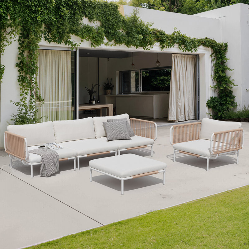 5-Person Metal Outdoor Patio Sectional, Beige Cushion/White Frame