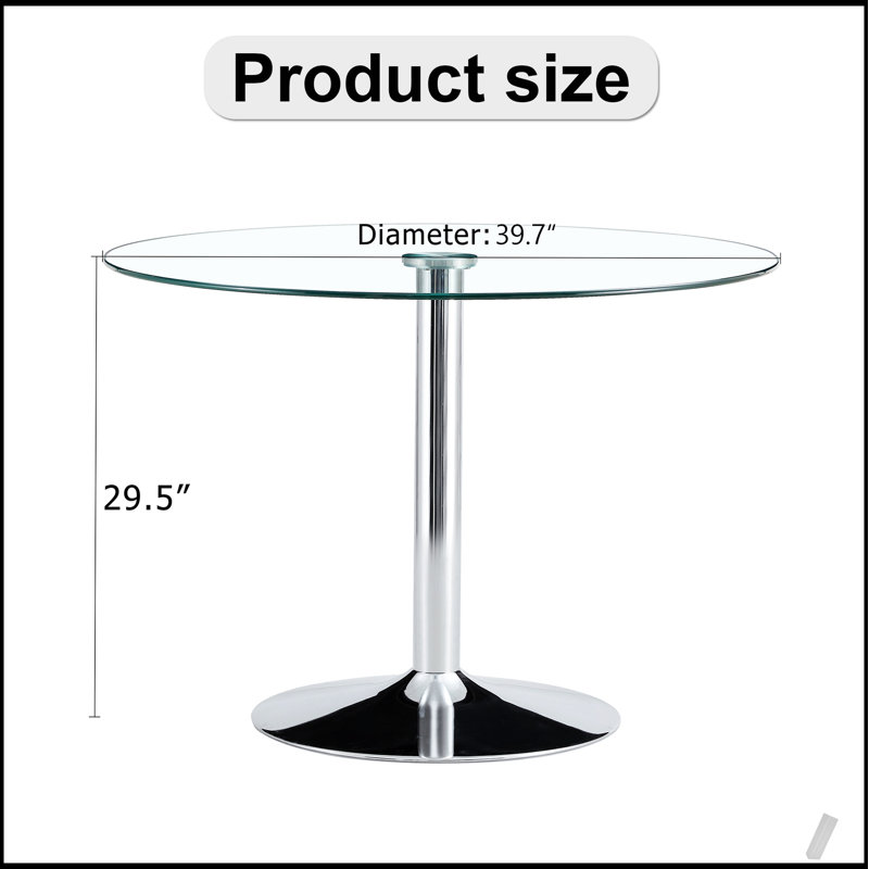 Table de salle à manger moderne et minimaliste circulaire en verre avec pieds en métal argenté galvanisé, parfaite pour les espaces de vie contemporains.