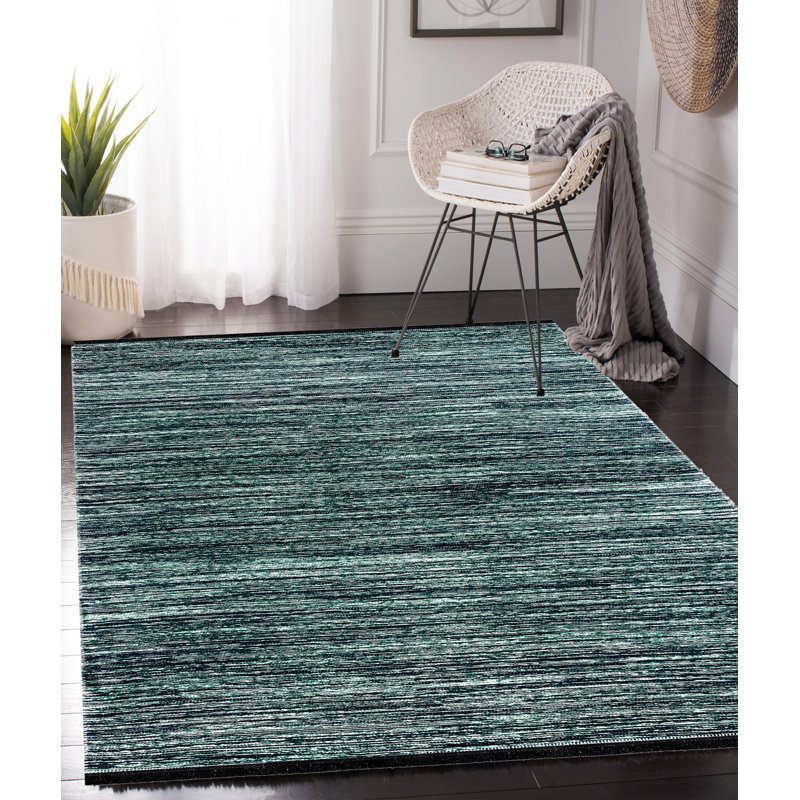 Tapis bleu uni en polyester noué à la main Evalyna, Rectangle 6 pi 7 po x 9 pi 6 po
