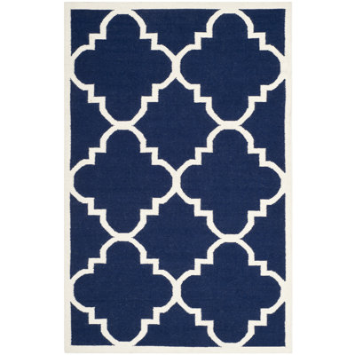 Rodgers Hand Woven Flat Weave Wool/Cotton Geometric Rug in Navy/Ivory