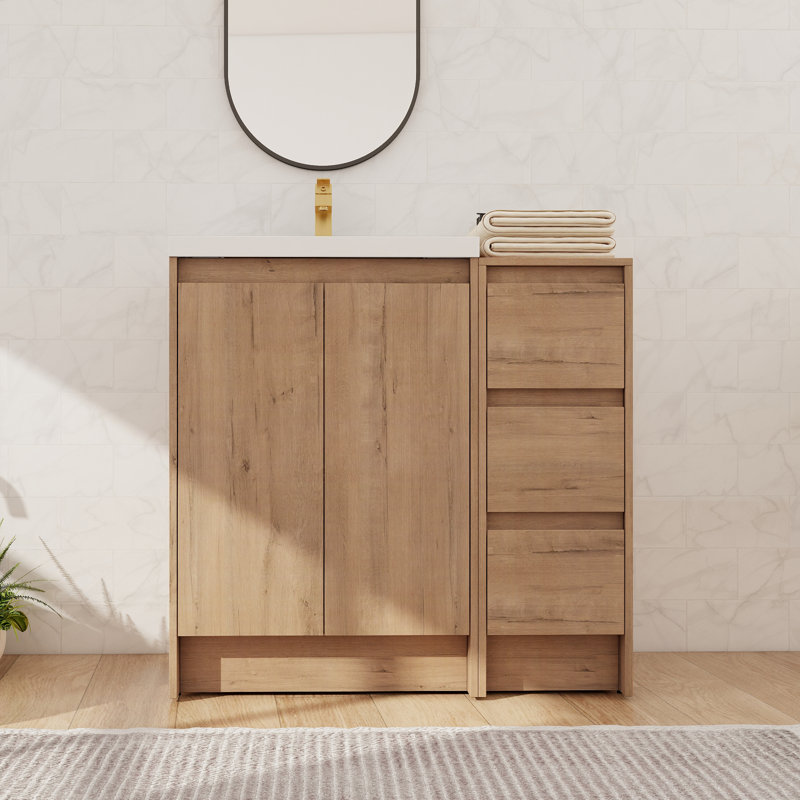 Meuble-lavabo sur pied simple 36 po avec lavabo en résine, meuble-lavabo autoportant avec 2 portes, 3 tiroirs, 1 tablette réglable