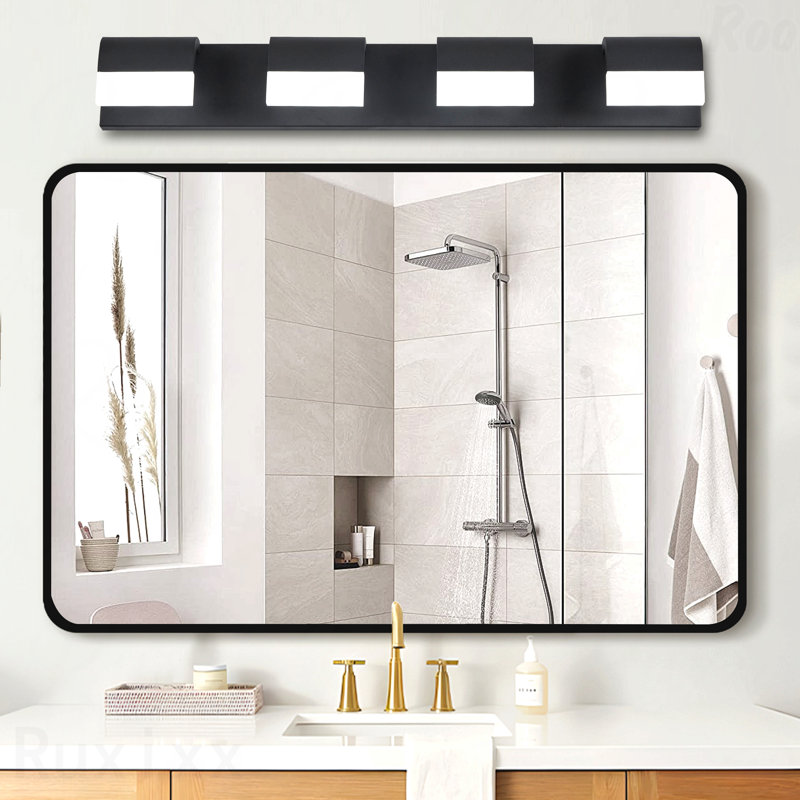 Miroir de salle de bain 4 lumières en métal noir mat + acrylique, design moderne, Noir, Quatre lumières