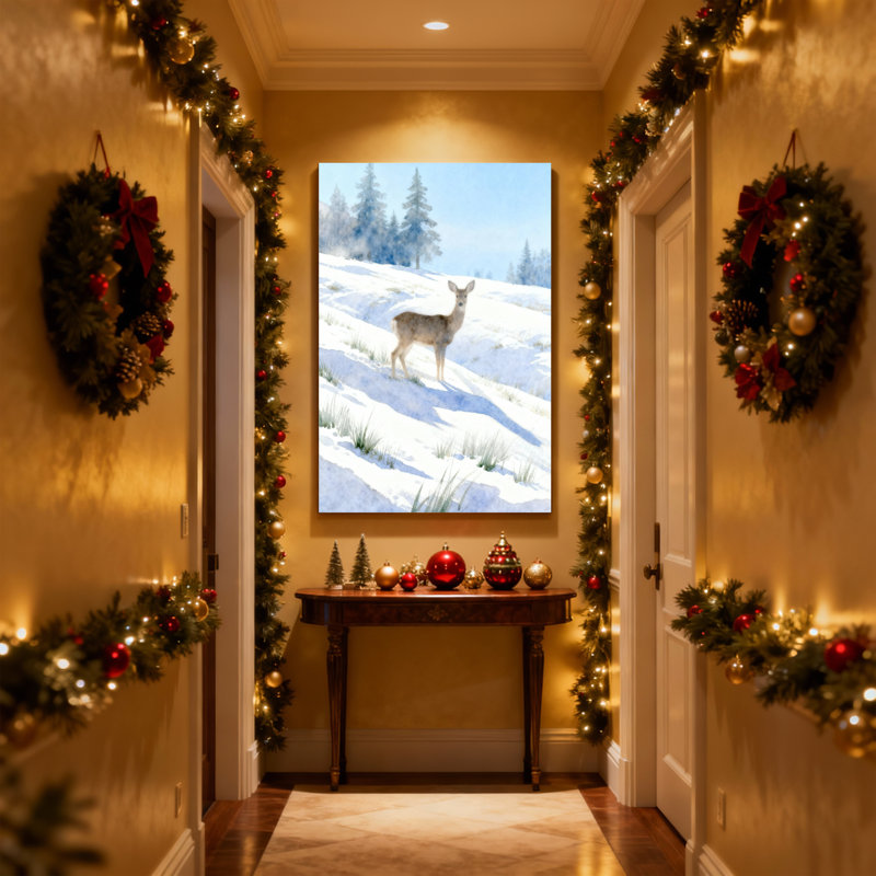 Cerf de Noël debout dans un paysage enneigé avec arbres, ensemble de 3 impressions sur toile, H 18 po x l 12 po