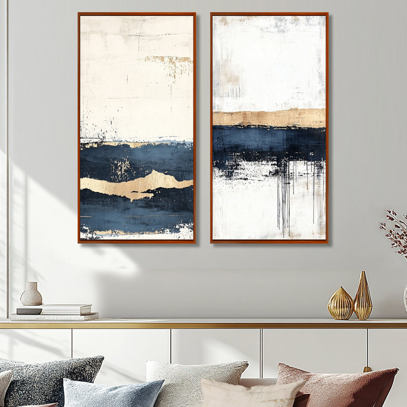 Décoration murale 2 pièces Ocean Breeze Minimalist Horizon I - Paysages modernes, H 32 po x l 32 po, Cadre flottant brun