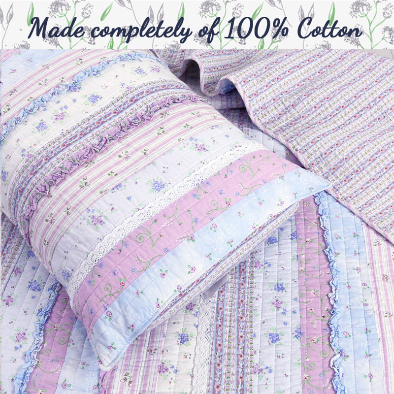 Cotton Quilt, Queen Quilt + 2 Standard Shams + 1 Throw Pillow, Lavender