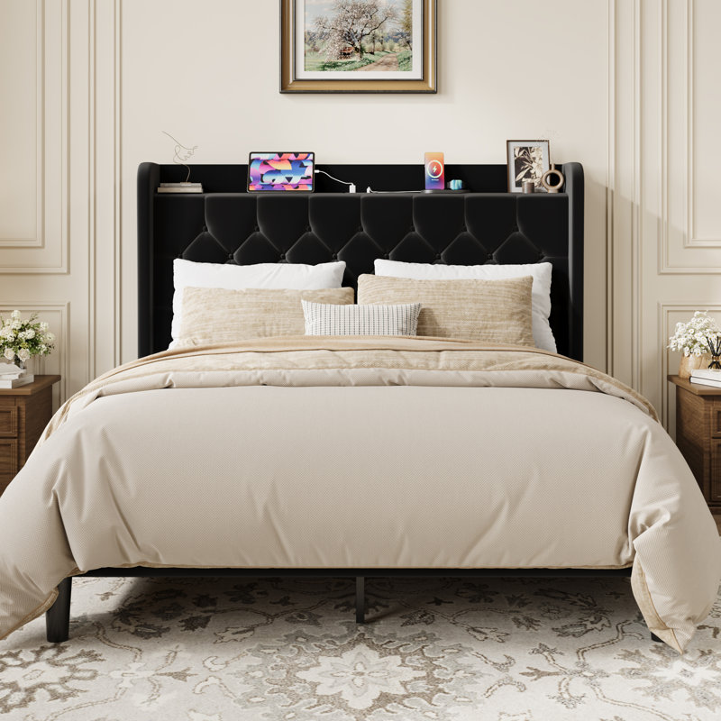 Modern Tufted Upholstered Bed In Velvet Or Linen With Charging Station & Headboard Shelf, High Clearance Under Bed Storage