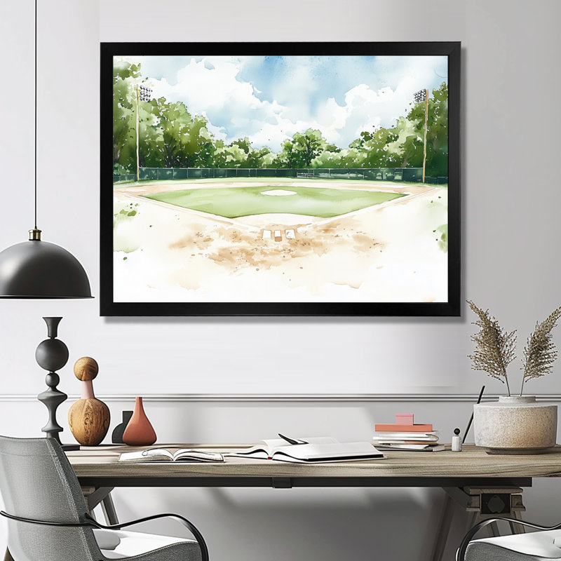 Aquarelle, baseball, horizon, décor de baseball sport, H 34 po x l 44 po, Reproduction encadrée d'une seule photo sans pass