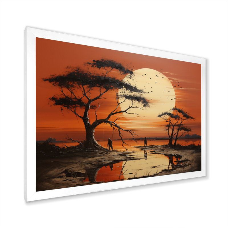 Coucher de soleil africain tribal I - art mural tribal africain, H 24 po x l 32 po x P 1 po, Cadre simple blanc