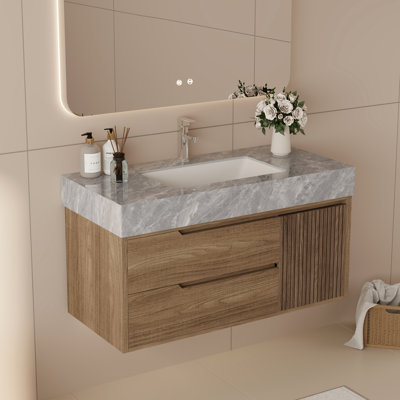 Meuble-lavabo mural 36 po Mid Century Modern, lavabo simple, texture bois brun avec plateau en pierre frittée