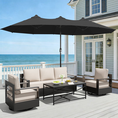 5-Person Aluminum Outdoor Patio Sofa, Swivel Chairs & Coffee Table Set with Black Umbrella & Beige Cushions
