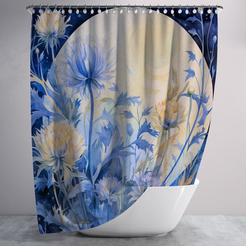 Abstract Shower Curtain, 93" H x 70" W, Blue/Yellow Floral