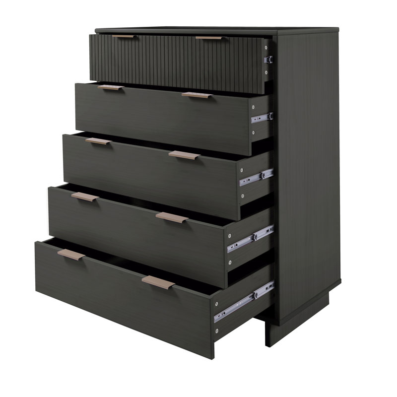 Granville 38" Modern Solid Wood Dresser with 5 Drawers in Charcoal Grey, Dark Grey