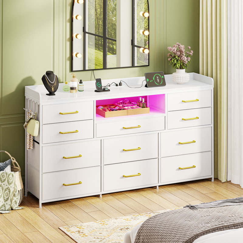 Commode 11 tiroirs pour chambre à coucher, meuble télé avec commodes longues, lumières DEL, prises de courant, tablettes et 4 crochets