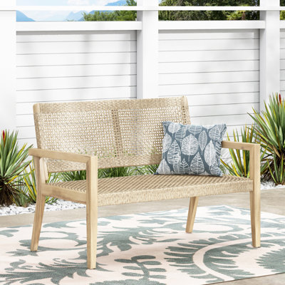 Outdoor Wicker and Acacia Wood Loveseat, 34'' H X 46.5'' W X 27.25'' D