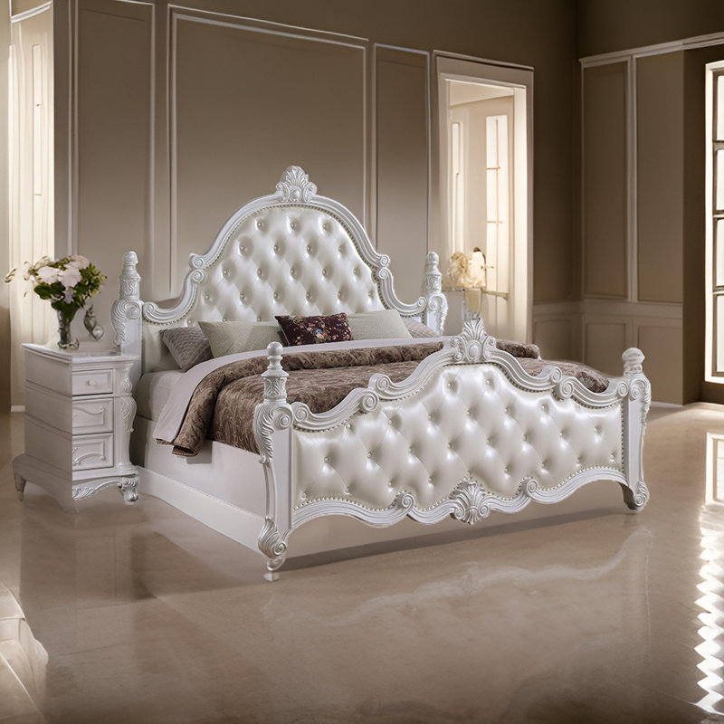 Moni King Bed, White Button Tufted Traditional Upholstery, Solid Wood, King, White