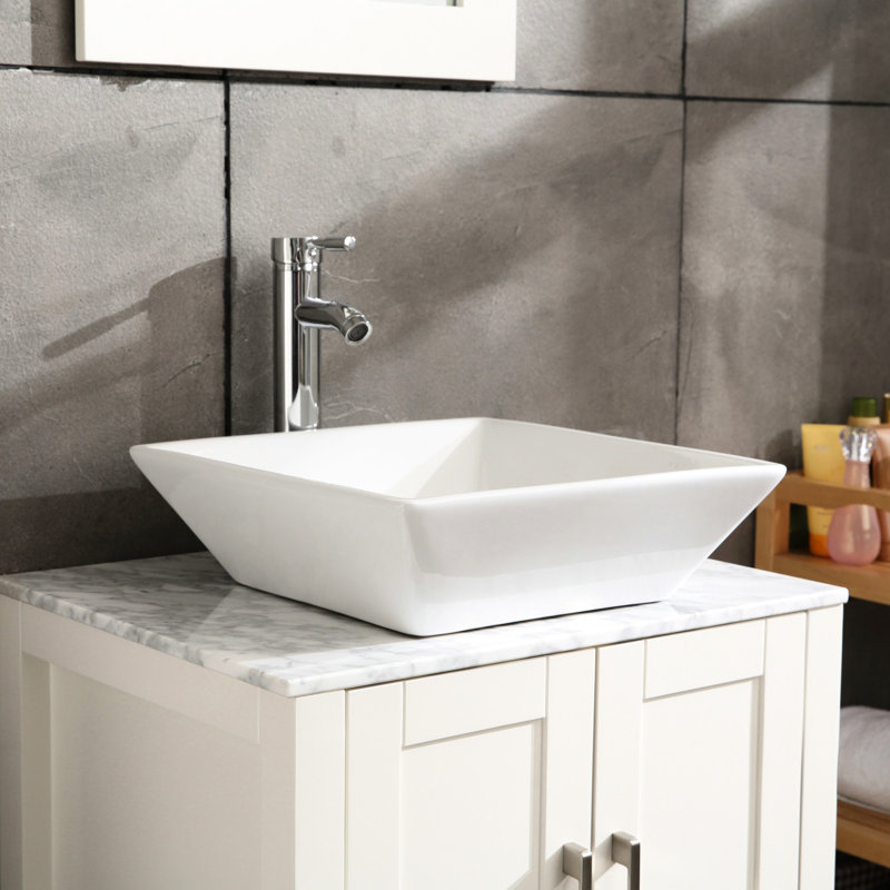 Lavabo de salle de bain carré en céramique 16,5 po, blanc, avec robinet et fonction en acier inoxydable testés fonctionnels