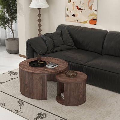 Ensemble de 2 tables basses rondes gigognes, tables basses de couleur bois naturel, grandes tables basses de 31,5 po et de 18 po avec plateau en bois, ensemble de table de salon, de chambre à coucher et de centre minimaliste