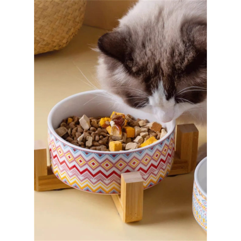 Bol en céramique pour animaux avec support en bois massif, Moyen (3,54 po)