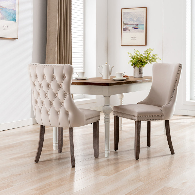  Demarco Luxury Velvet Upholstered Kitchen Dining Chairs, 6, Beige, Oak Wood