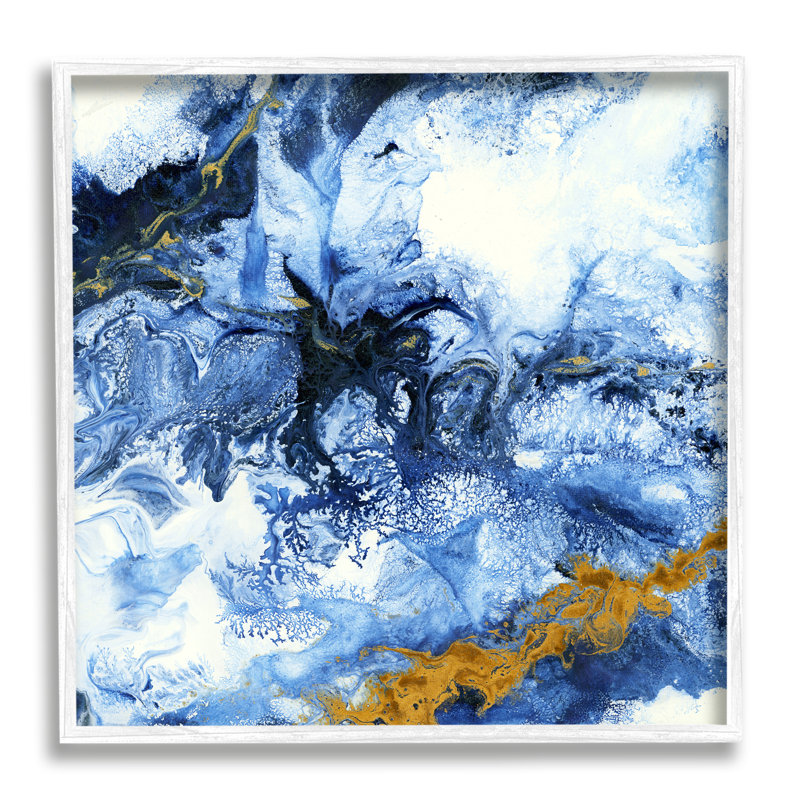 Mouvement de l'eau, fluide abstrait, jaune et bleu, surdimensionnée, encadrée, estampe numérique par Liz Jardine, null, null