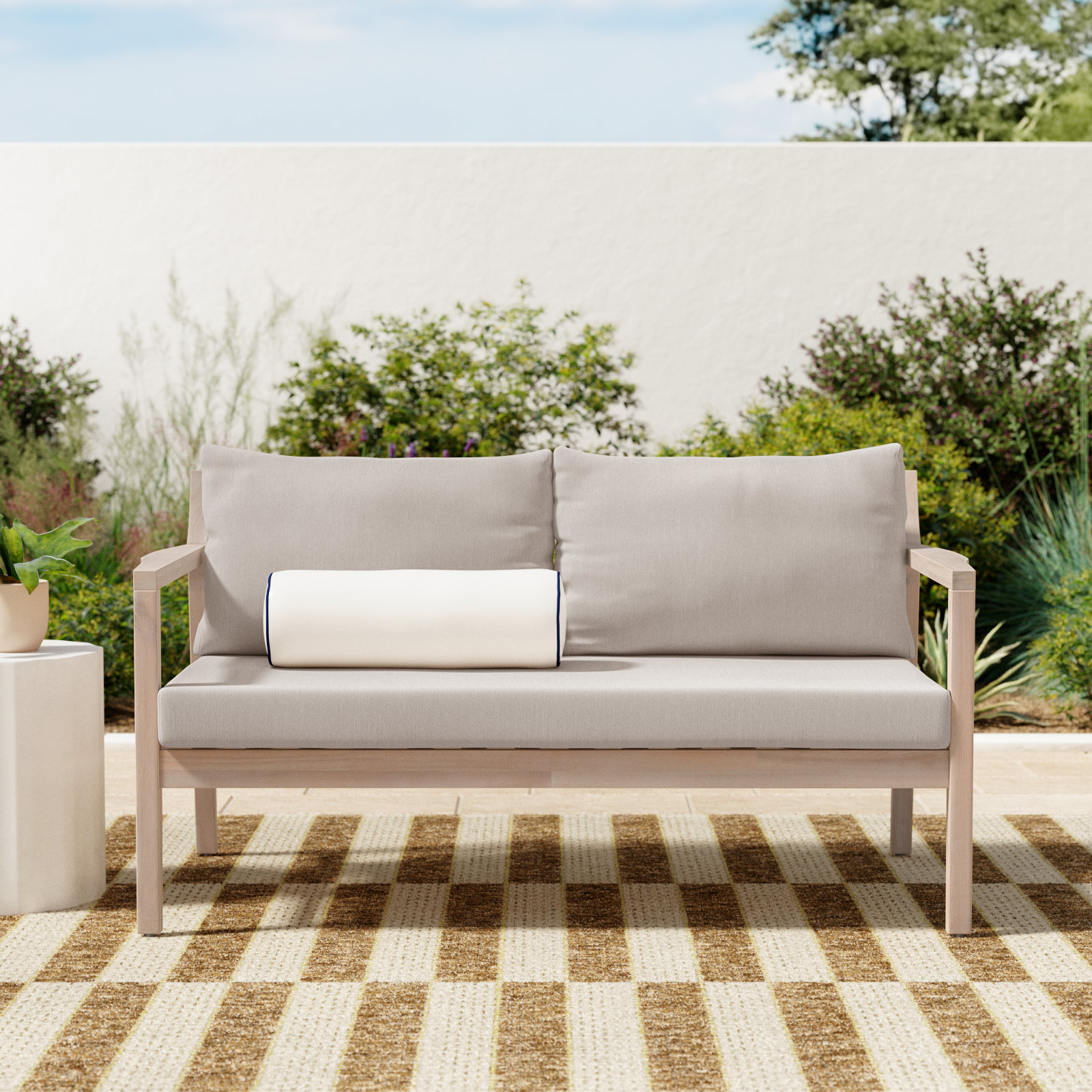 Amina 58" Acacia Outdoor Love Seat with Cushions, Beige Performance Olefin