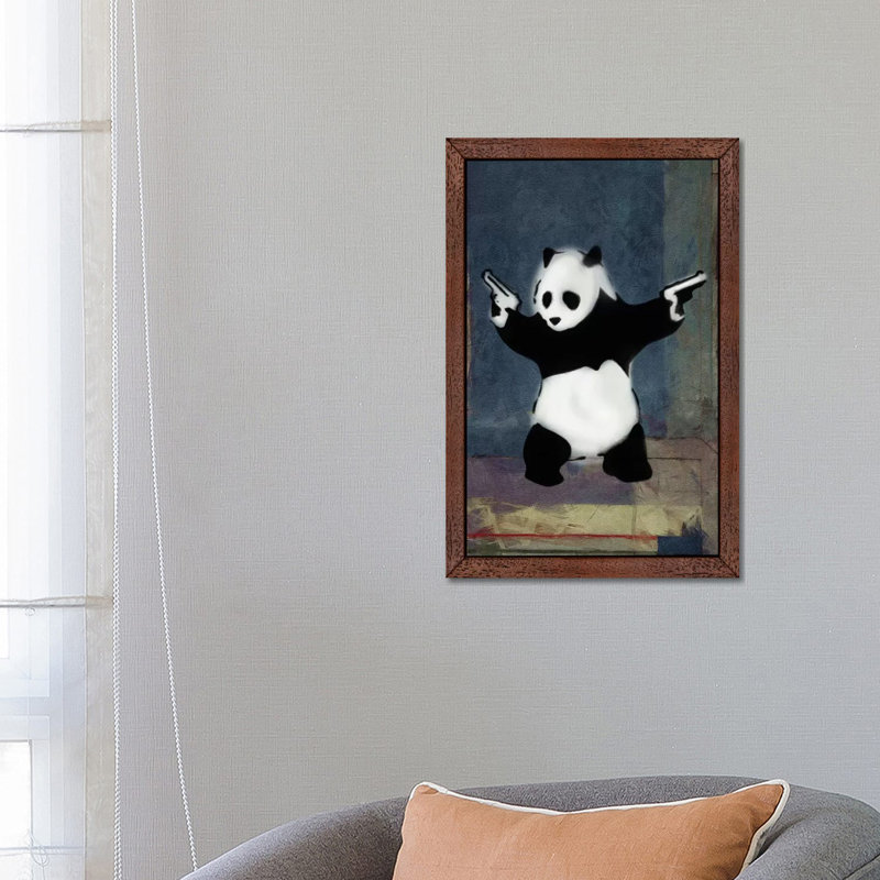 Panda With Guns Blue Square - Print on Canvas, 101.6 cm H x 66.04 cm W, Brown Framed