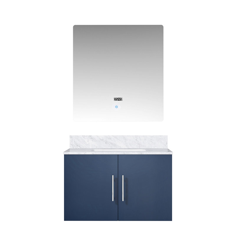 30 po Miroir à DEL et meuble-lavabo bleu avec plateau en marbre - tiroir à fermeture en douceur, grand compartiment de rangement, surface de salle de bain avec fermeture, taches, compartiment spacieux