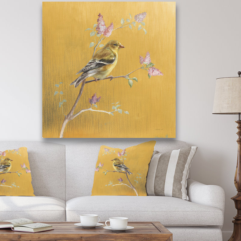 «Gold Bird on Blossoms III», reproduction d'art sur toile tendue, H 16 po x l 16 po x P 1 po, Toile tendue