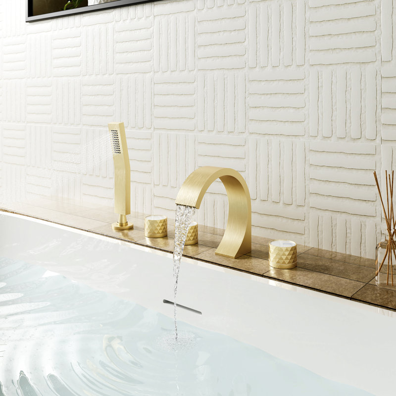 3 Handles Deck Mounted Bathroom Tub Faucet Trim with Handshower, Brushed Gold