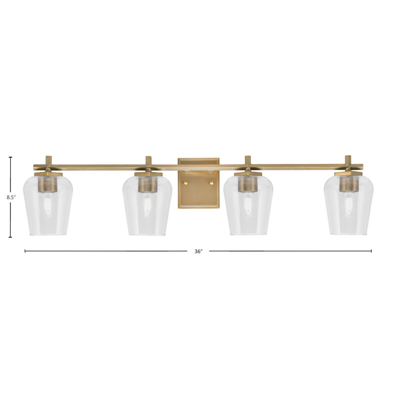 Bar de salle de bain Finola illustré avec verre à bulles, H 8,5 po x l 36 po x P 6,75 po, Laiton New Age, 4 lumières