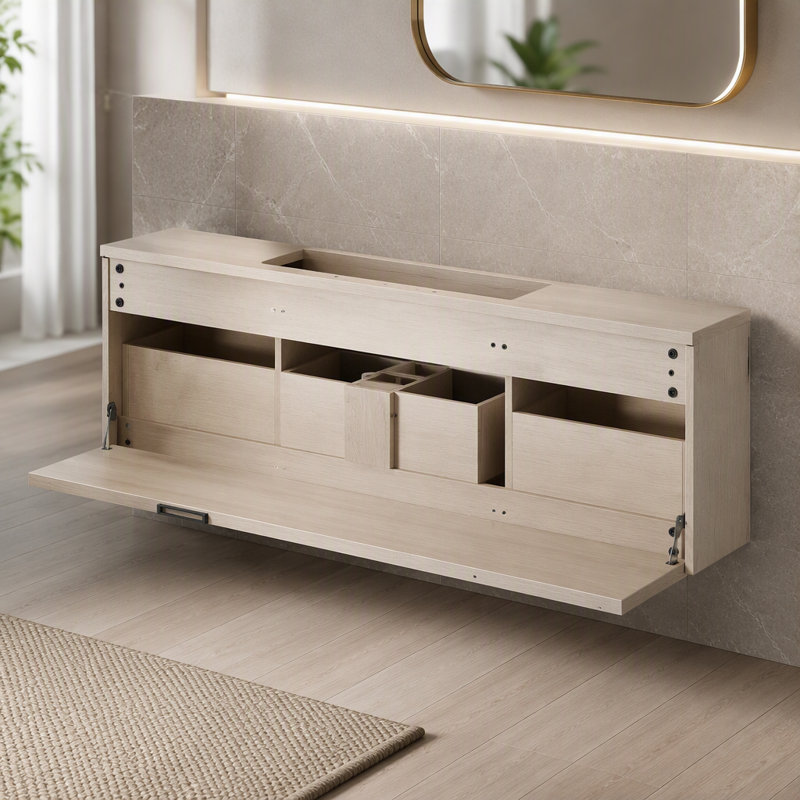 48 Inch Wall Mounted Bathroom Vanity Cabinet, Floating MDF Vanity with 3 Drawers and Open Bottom Shelf, White Painted Bathroom Vanity with Handleless Design, Composite Sink Top