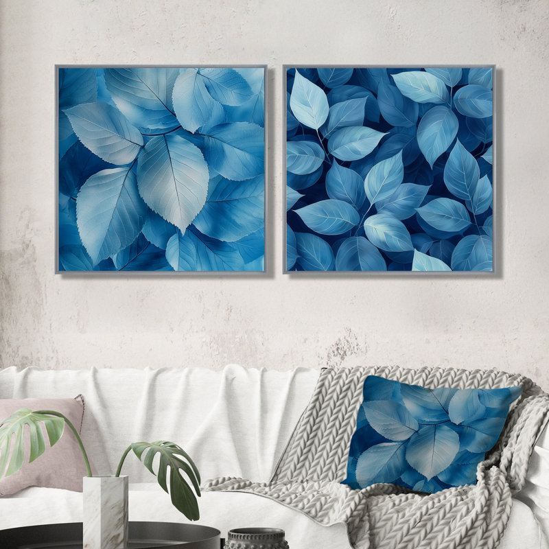 Minimalisme azur feuilles harmonie I - feuilles, art mural - décoration murale traditionnelle 2 pièces, Cadre flottant