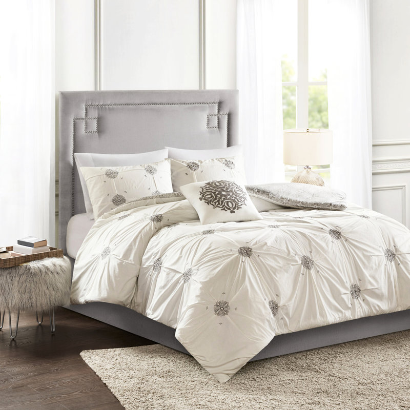 Housse de couette 4 pièces très grand / très grand, housse de couette en coton brodé, revers médaillon gris, housse de très grand lit, avec médaillon, literie réversible