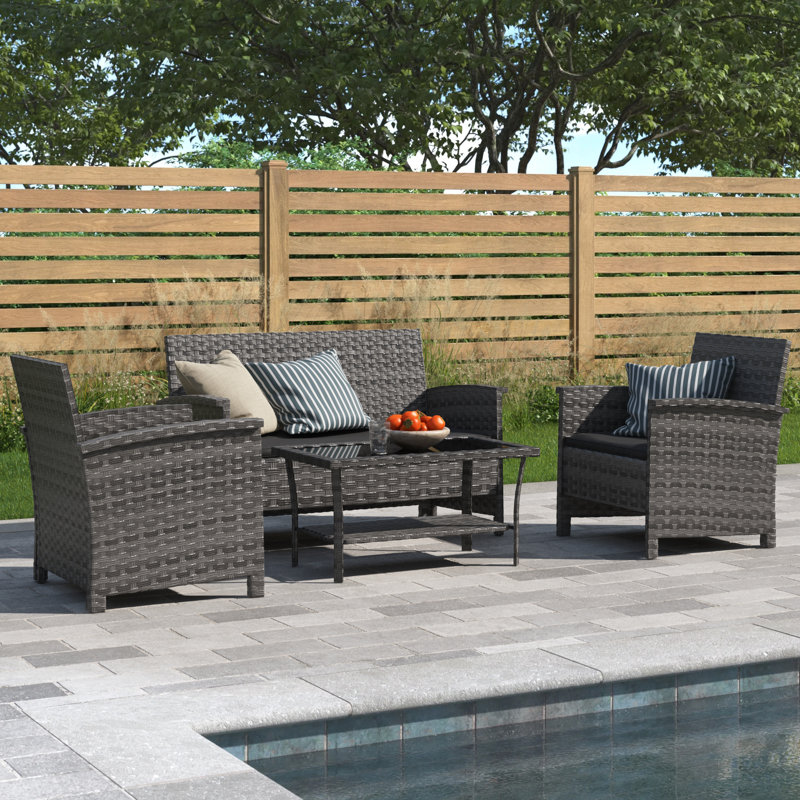 Patio Sense Wicker 4 pc Conversation Sofa, Two Armchairs & Table Cushions Included-Storm Gray Finish
