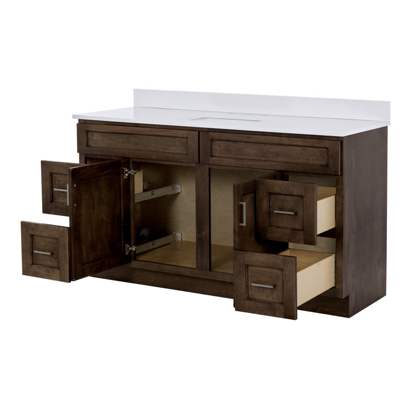 Sollman 61" Kodiak Brown Single Sink Bathroom Vanity with White Ice Quartz Top, 61"