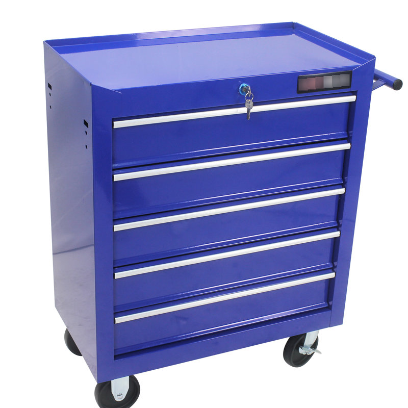 Armoire à outils 5 tiroirs Garage avec serrure et 4 roulettes, roulettes bleues pour l'organisation, ton, Bleu
