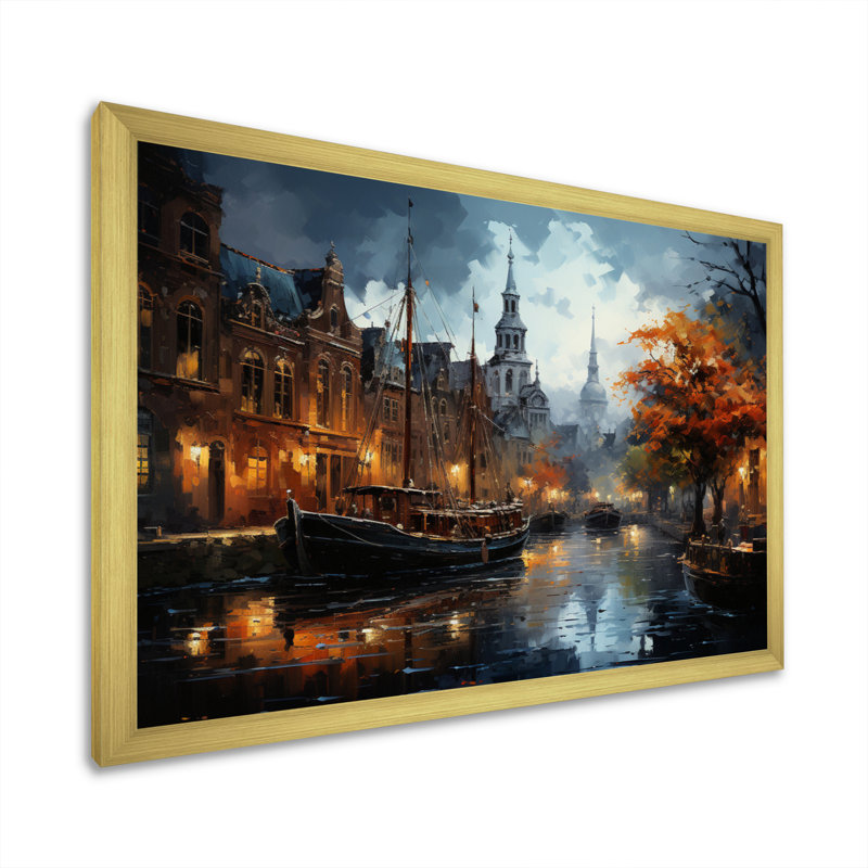Danemark, Amsterdam, canal, nuit II - Danemark, art mural, Encadrement doré, H 12 po x l 20 po x P 1 po
