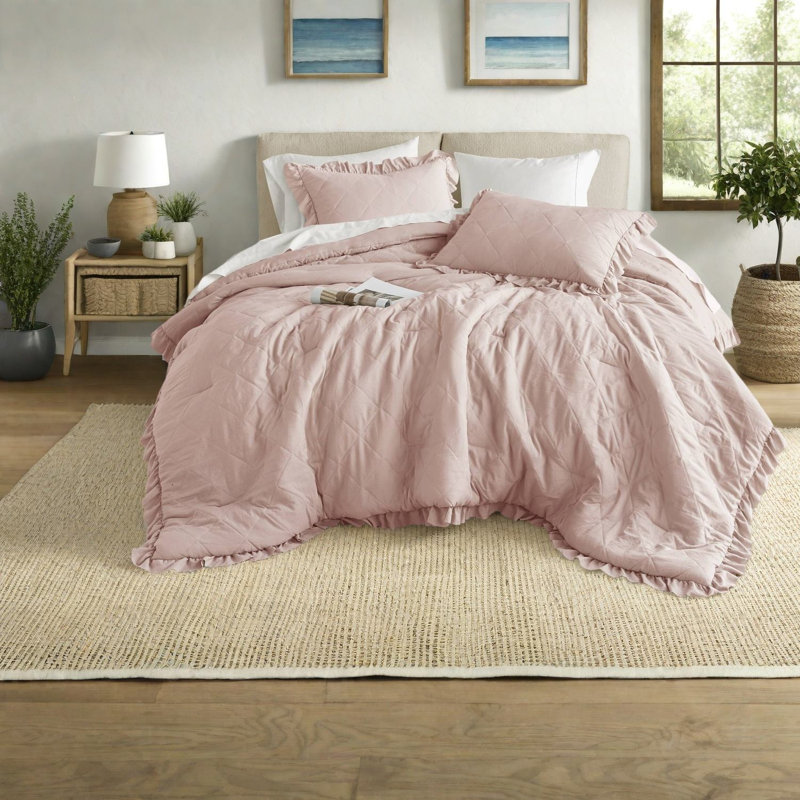 Soft Full Queen Bedding Sets, Microfiber Ruffle Quilted Style For Home