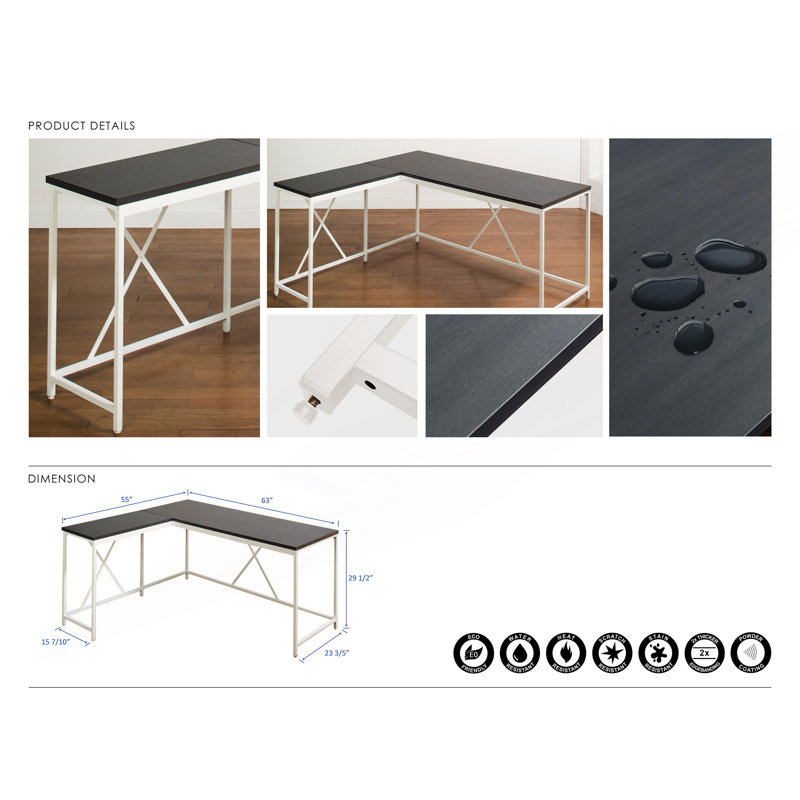Bureau moderne en coin, résistant aux taches et aux égratignures, Gris foncé / Blanc