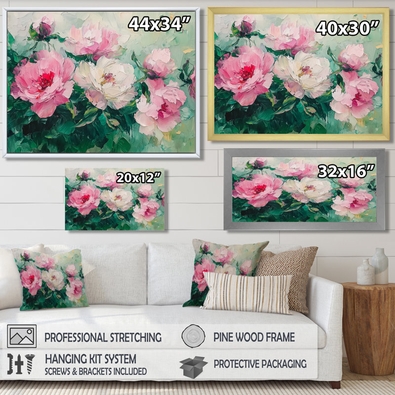 Harmonie de pivoines vertes - art mural pivoines, H 16 po x l 32 po, Reproduction encadrée, Argent argent