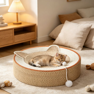 Lit rond en sisal Illugi avec une conception de visage de chat et un nid douillet