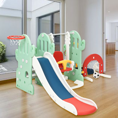 7-in-1 Toddler Slide and Swing Set with Basketball Hoop, Soccer & Golf Playset, Kids Indoor Outdoor Climber Playground, Cactus Design, Green