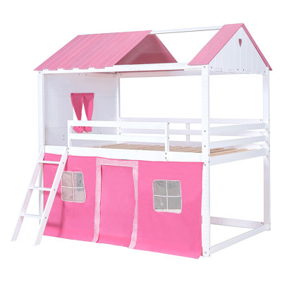 Lit superposé en bois avec élégantes fenêtres, rebords et tente