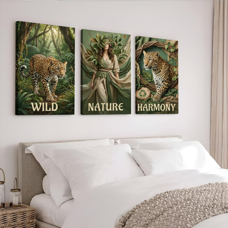«Wild Leopard Nature Goddess Harmony», reproduction d'art sur toile tendue sur toile, ensemble de 3, H 18 po x l 36 po
