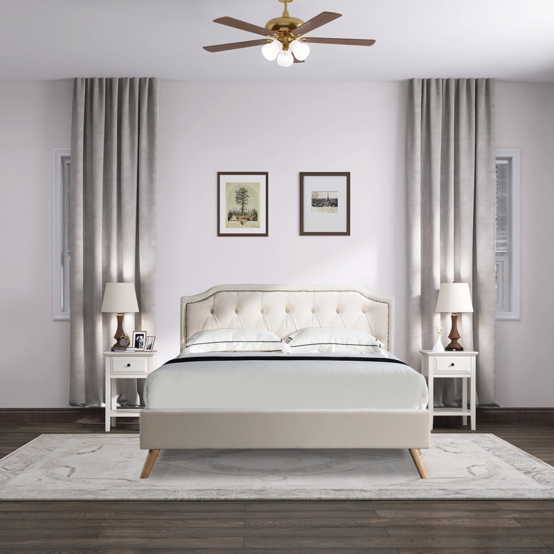 Lit plateforme tapissier capitonné Dilcia, Grand, Beige
