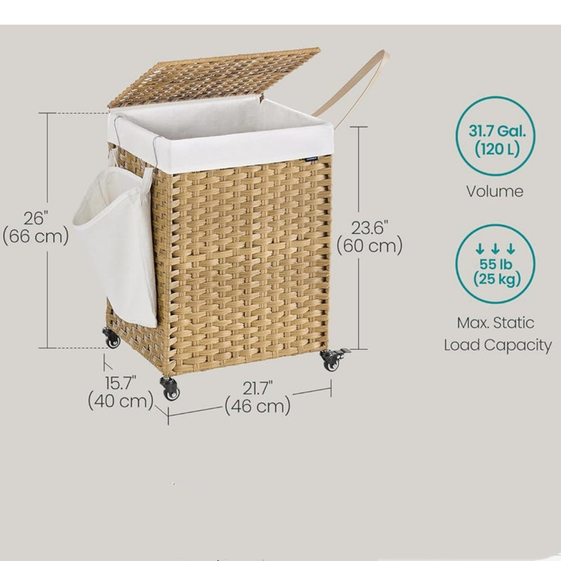 120L Rolling Laundry Hamper with Lid & Wheels, Synthetic Rattan, Removable Liner