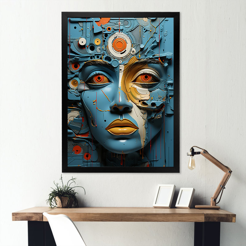 «Geometric Blue Indian Art Mask», reproduction d'art sur toile, Cadre photo noir, H 32 po x l 16 po x P 1 po