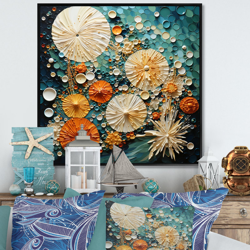 Beach Tidepool Symphony Pointillism II - Beach Wall Decor, Cadre flottant noir, H 24 po x l 24 po x P 1 po